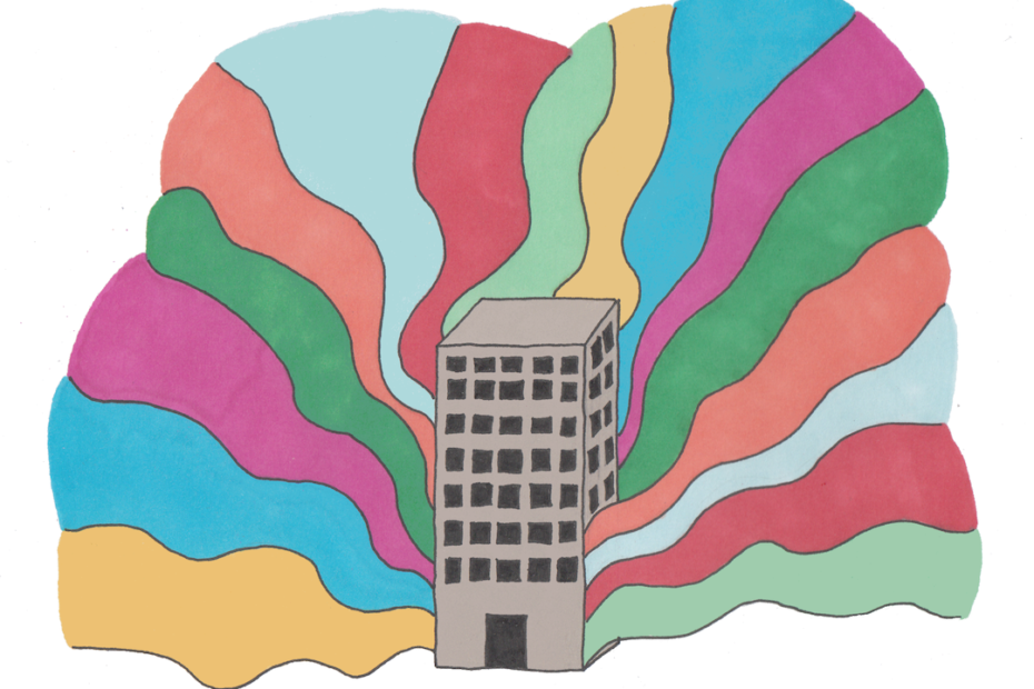 Edificio grigio con linee colorate che lo avvolgono (illustrazione per articolo su "Amatka" di Karin Tidbeck)